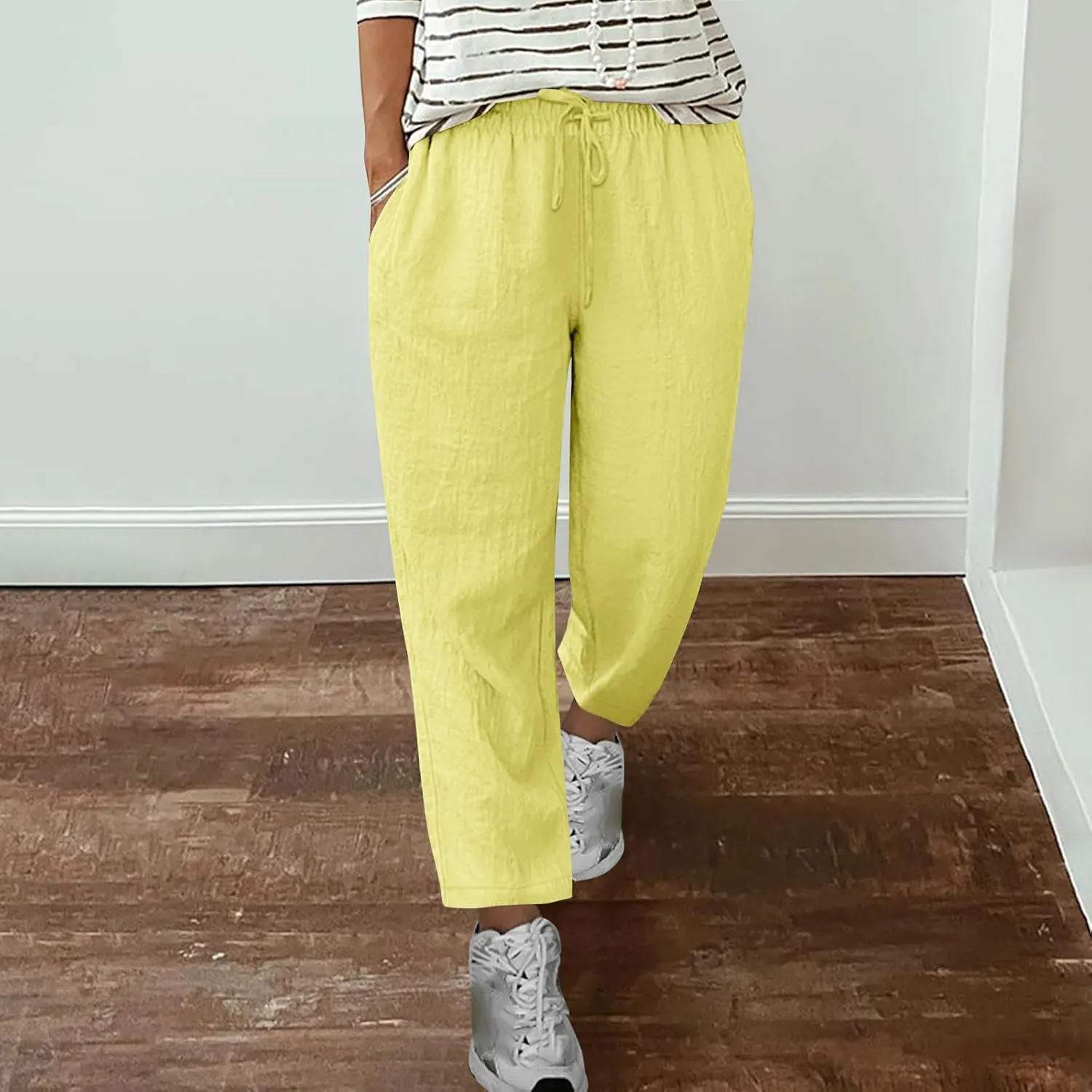 Women Summer Linen Pants Straight Leg Pants Classic Drawstring Elastic Waist Joggers Versatile Trousers