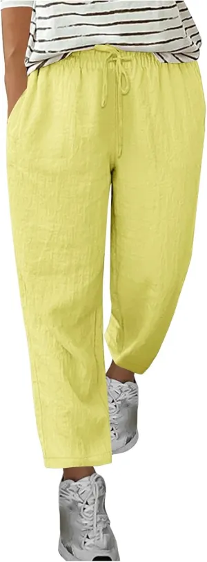 Women Summer Linen Pants Straight Leg Pants Classic Drawstring Elastic Waist Joggers Versatile Trousers