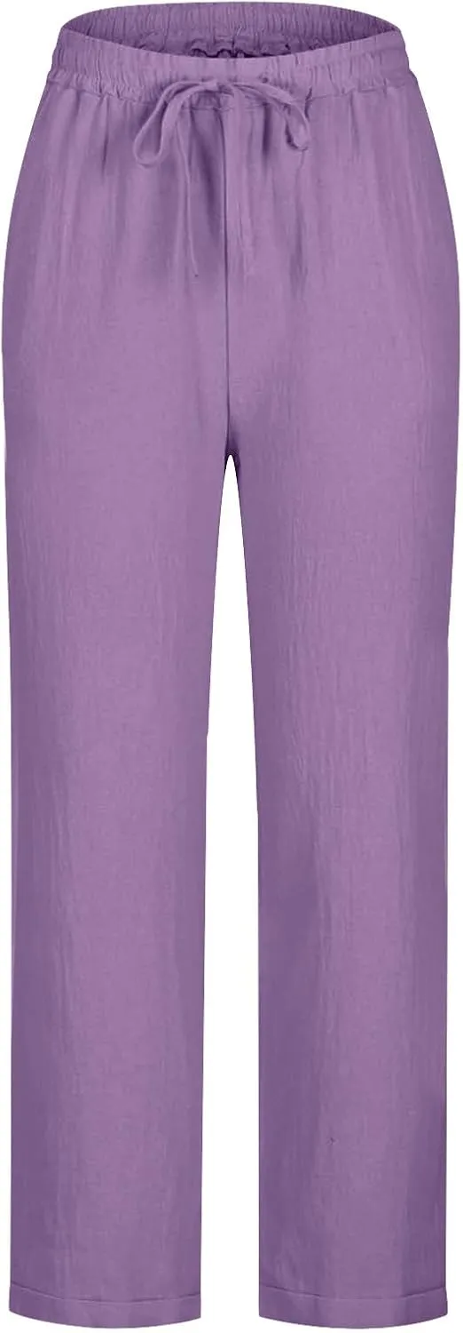 Women Summer Linen Pants Straight Leg Pants Classic Drawstring Elastic Waist Joggers Versatile Trousers