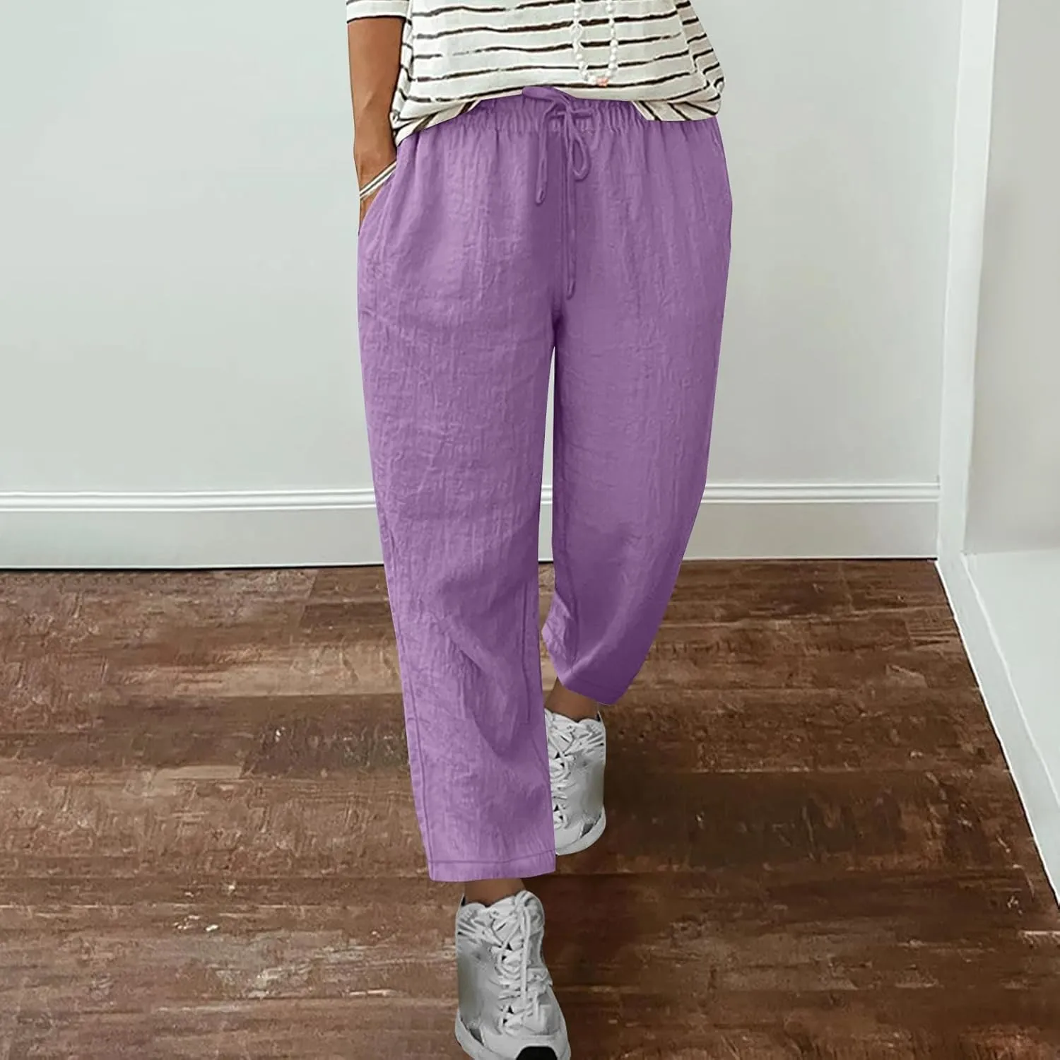 Women Summer Linen Pants Straight Leg Pants Classic Drawstring Elastic Waist Joggers Versatile Trousers