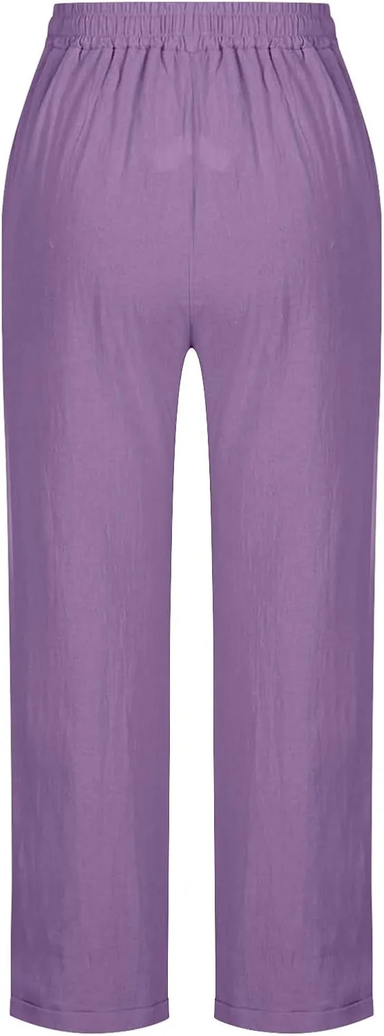 Women Summer Linen Pants Straight Leg Pants Classic Drawstring Elastic Waist Joggers Versatile Trousers