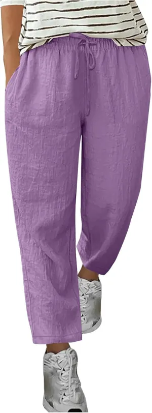 Women Summer Linen Pants Straight Leg Pants Classic Drawstring Elastic Waist Joggers Versatile Trousers