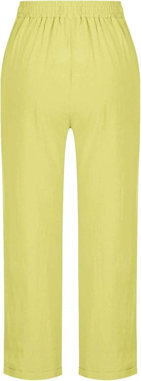 Women Summer Linen Pants Straight Leg Pants Classic Drawstring Elastic Waist Joggers Versatile Trousers