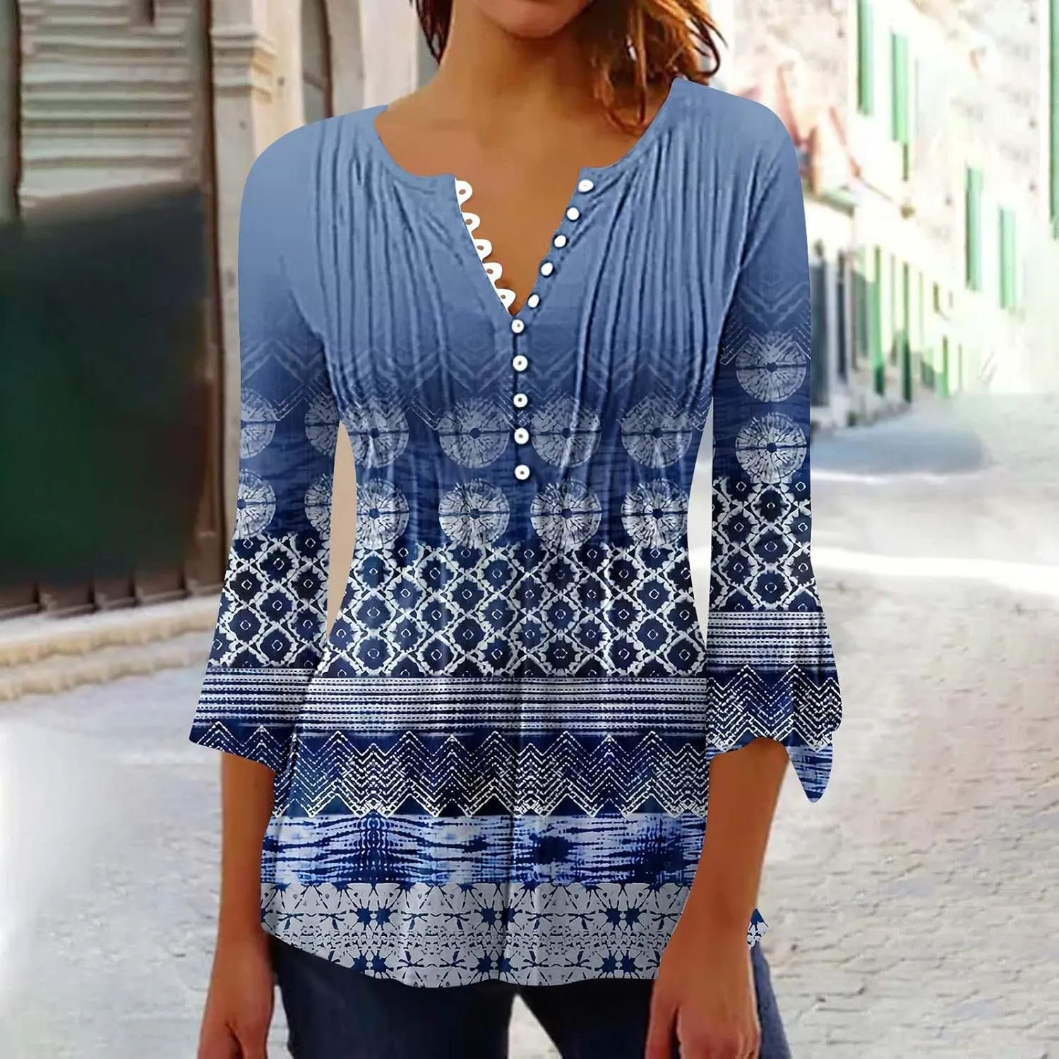 Women Summer Tops Fashion Casual Petal 3/4 Sleeve Button Down Shirts Funny Print Bohemian Empire Waist Boho Tunic Top
