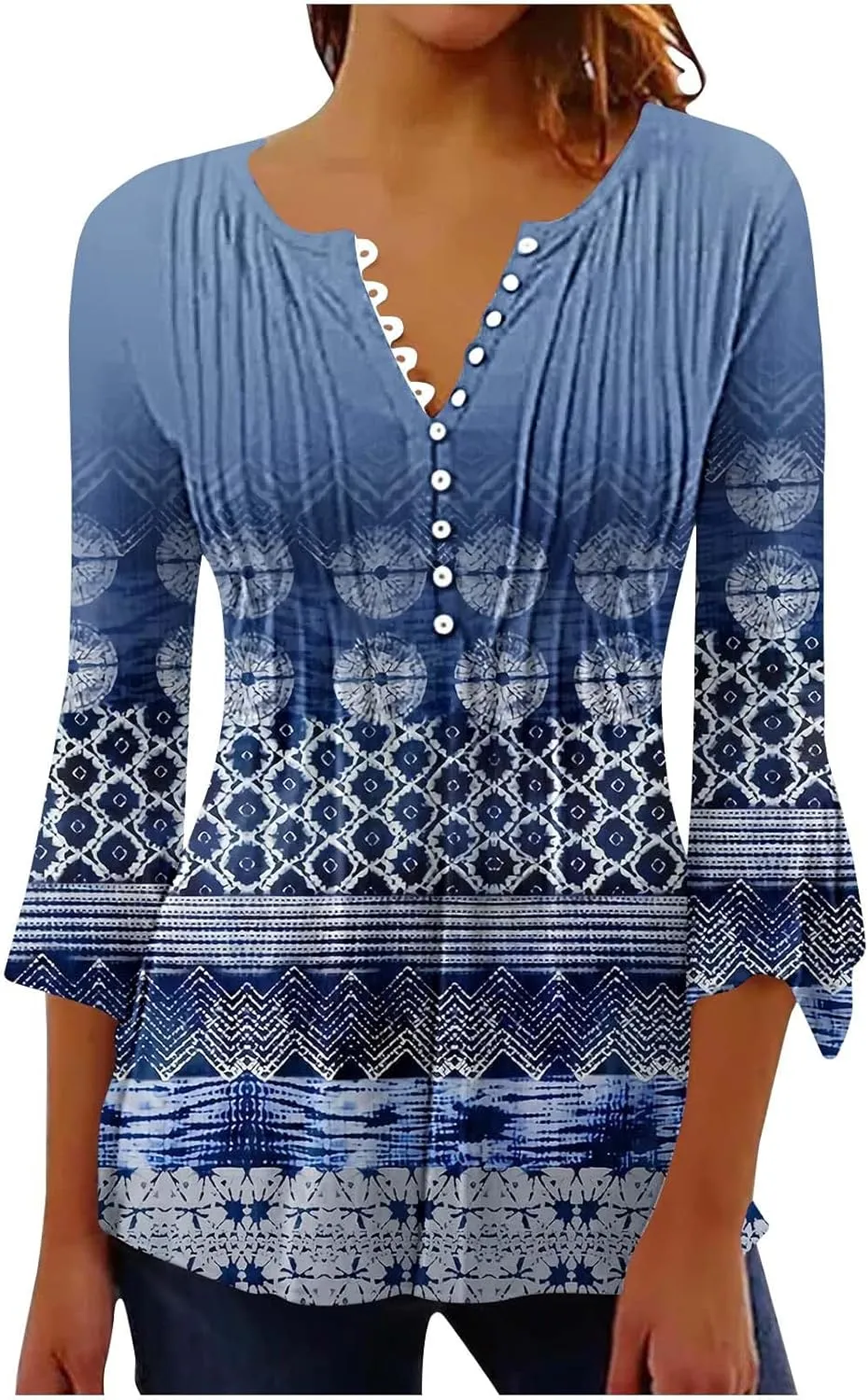 Women Summer Tops Fashion Casual Petal 3/4 Sleeve Button Down Shirts Funny Print Bohemian Empire Waist Boho Tunic Top