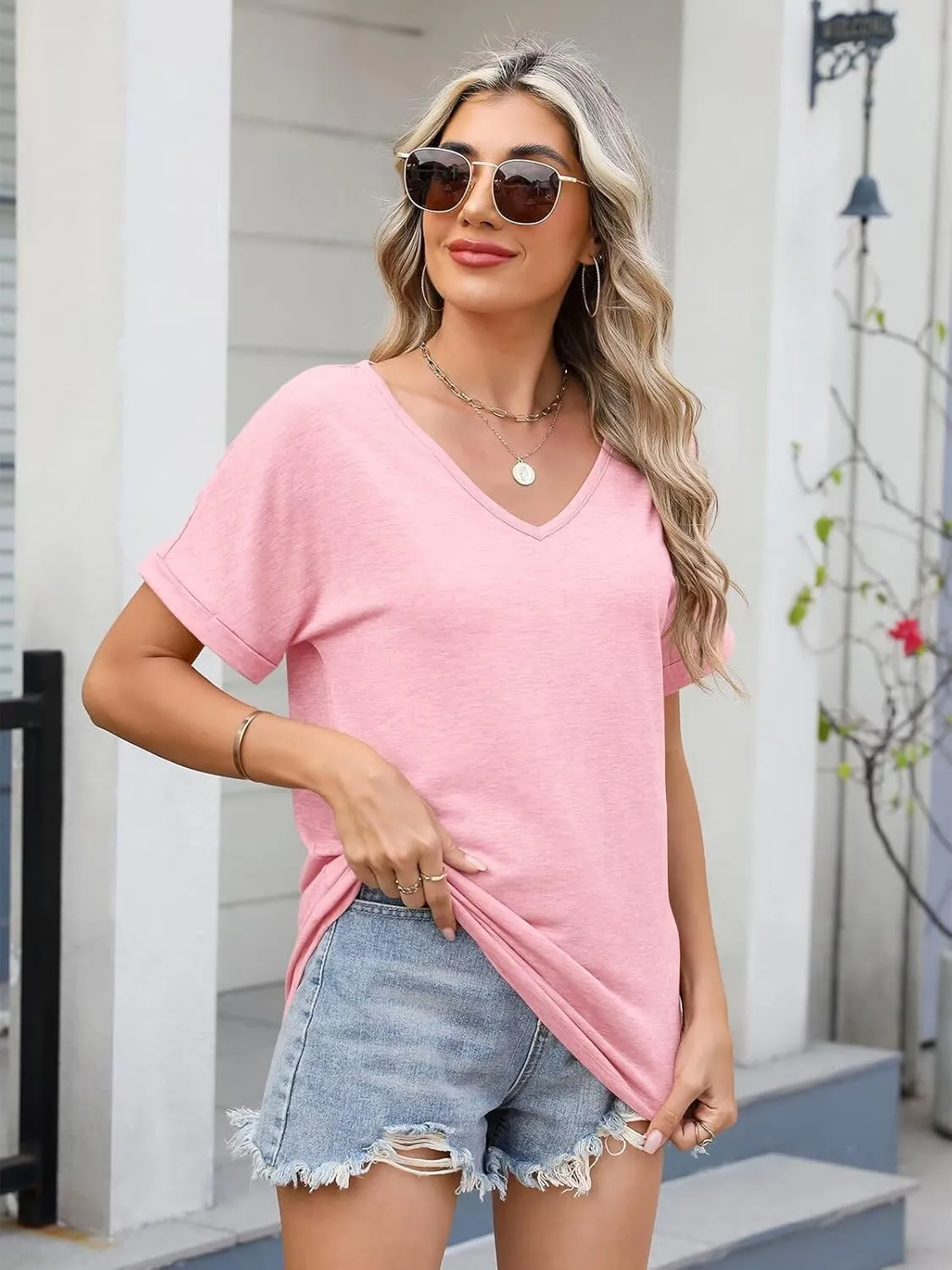 Women V Neck Rolled Sleeve Tops Summer Curved Hem Short Sleeve T Shirts Loose Fit Tees 2025