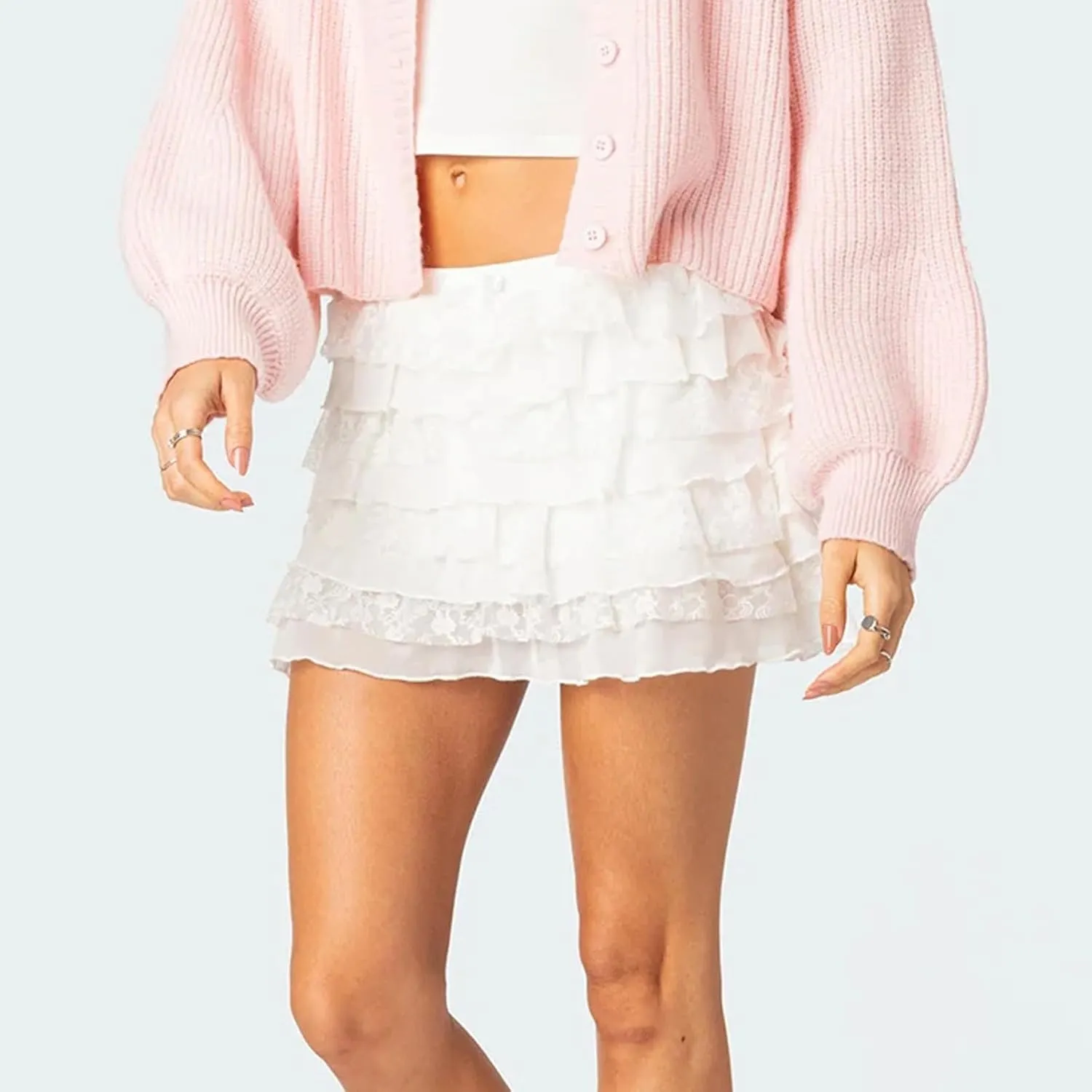 Women Y2k Lace Mini Skirt Low Rise Layered Pleated Flowy Short Skirts Micro Skirt Flowy Ruffle Mini Skirt