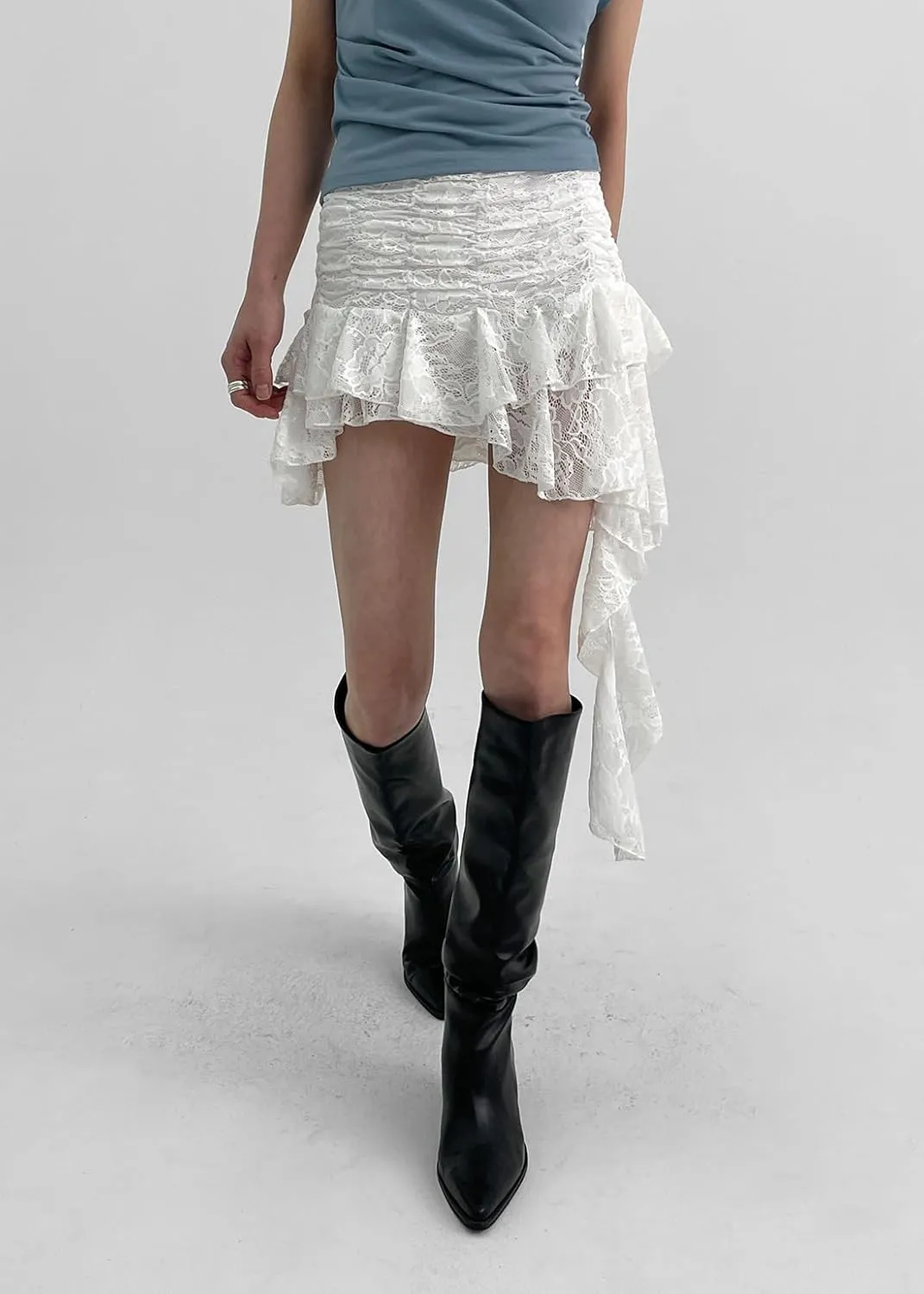 Women Y2k Lace Ruffle Mini Skirt Low Rise Half Slip Skirt Flowy Pleated Layered Tiered Short Skirt Streetwear