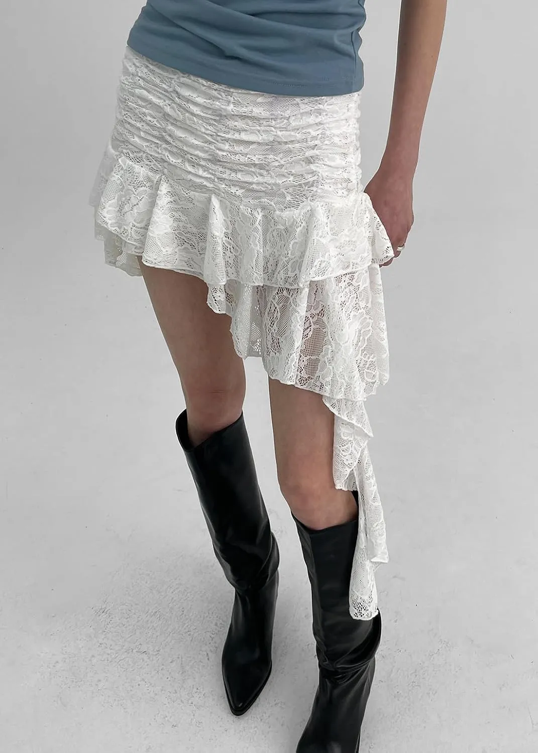 Women Y2k Lace Ruffle Mini Skirt Low Rise Half Slip Skirt Flowy Pleated Layered Tiered Short Skirt Streetwear