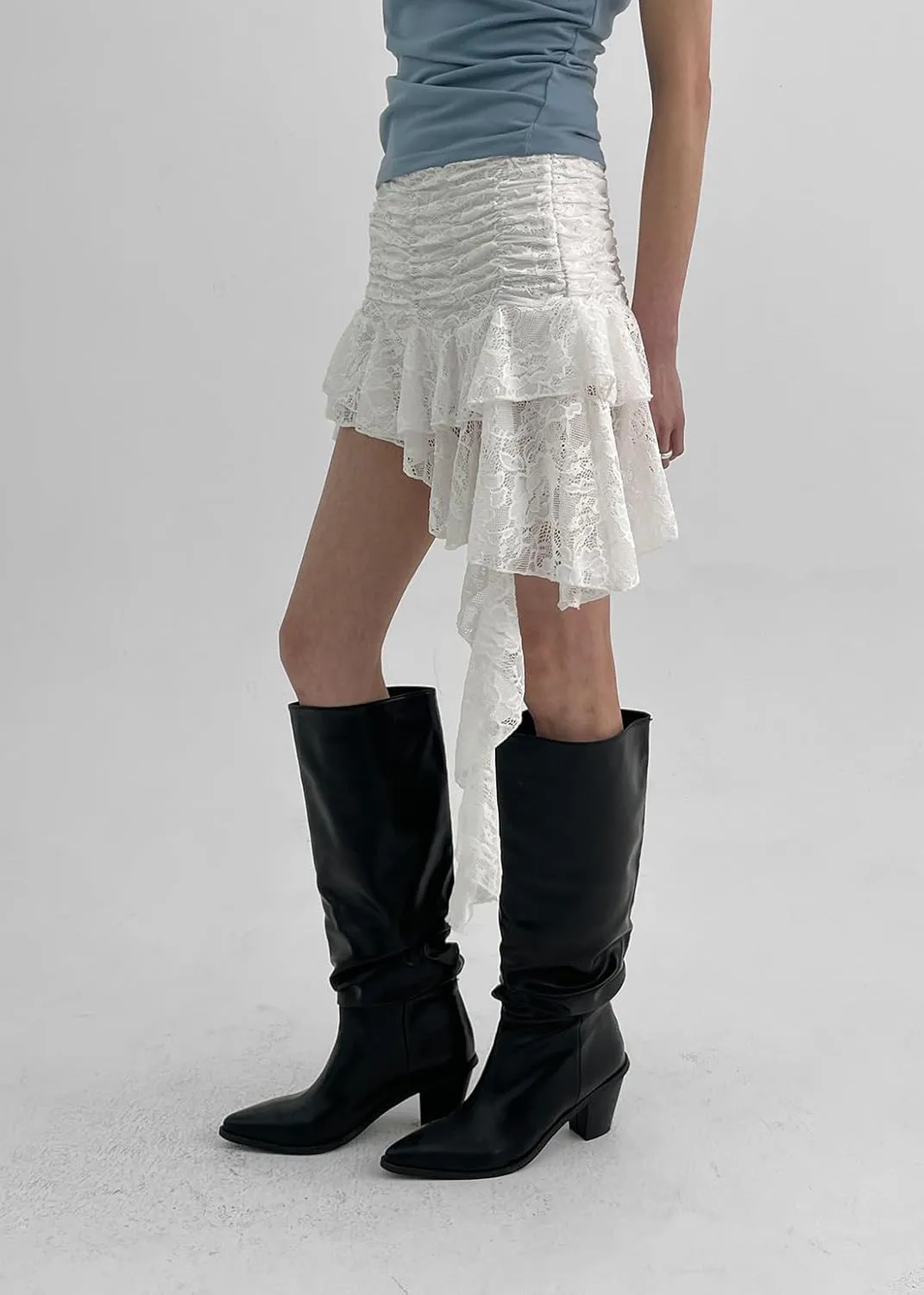 Women Y2k Lace Ruffle Mini Skirt Low Rise Half Slip Skirt Flowy Pleated Layered Tiered Short Skirt Streetwear