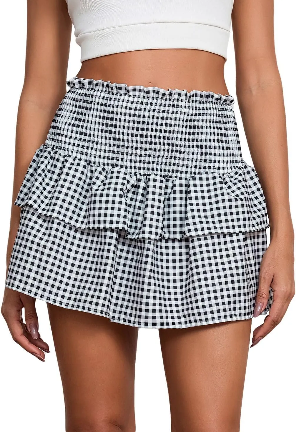 Women Y2k Plaid Ruffle Mini Skirt Gingham A Line Fairy Flowy Short Skirt Lace Trim Checkered Tiered Pleated Skirt