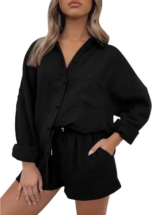 Womens 2 Piece Set Summer Linen Long Sleeve Button Shirt Drawstring Shorts Outfits Casual Breathable Beach Tracksuit