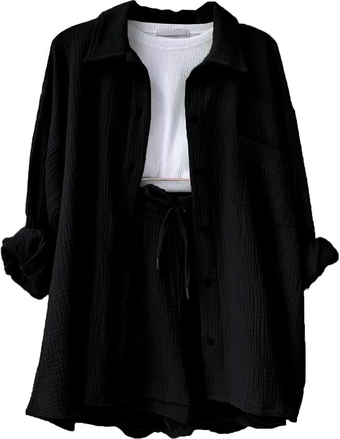 Womens 2 Piece Set Summer Linen Long Sleeve Button Shirt Drawstring Shorts Outfits Casual Breathable Beach Tracksuit