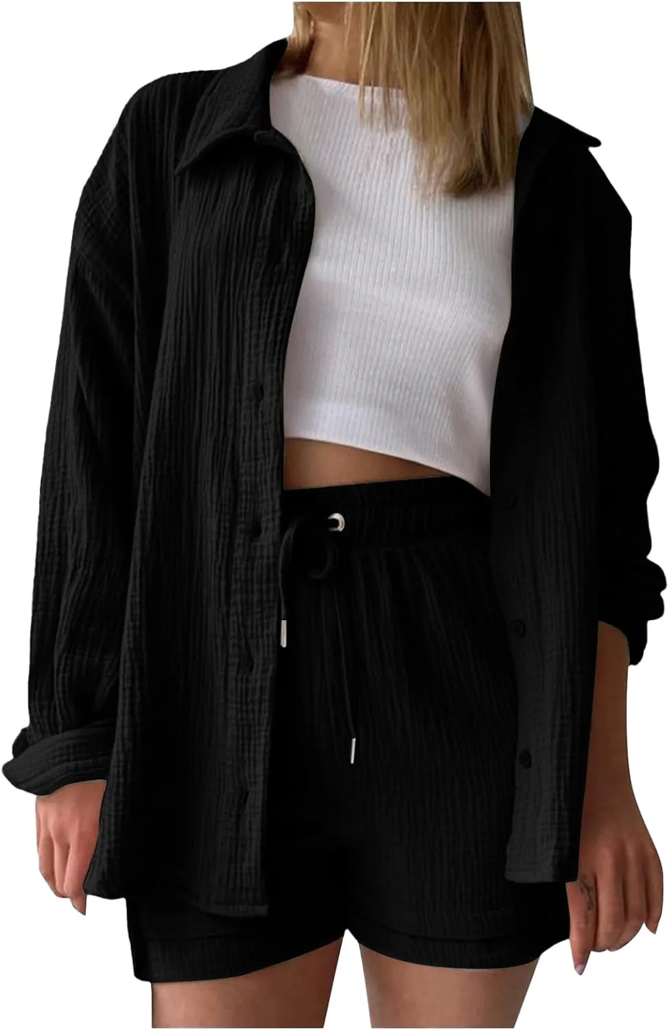 Womens 2 Piece Set Summer Linen Long Sleeve Button Shirt Drawstring Shorts Outfits Casual Breathable Beach Tracksuit