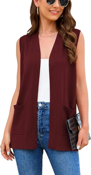 Women's 2025 Sleeveless Cardigan Sweaters Fashion Casual Soft Knit Office Duster Vests with Cozy Pockets (S-3XL)