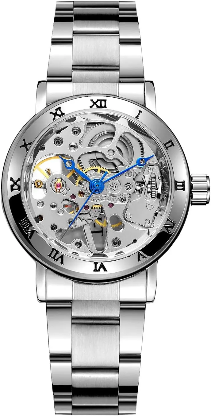 Women's Automatic Skeleton Roman Numeral Lady Mechanical Stainless Steel Wrist Watch