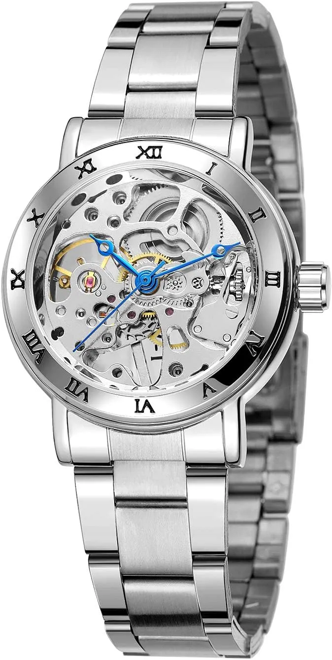 Women's Automatic Skeleton Roman Numeral Lady Mechanical Stainless Steel Wrist Watch
