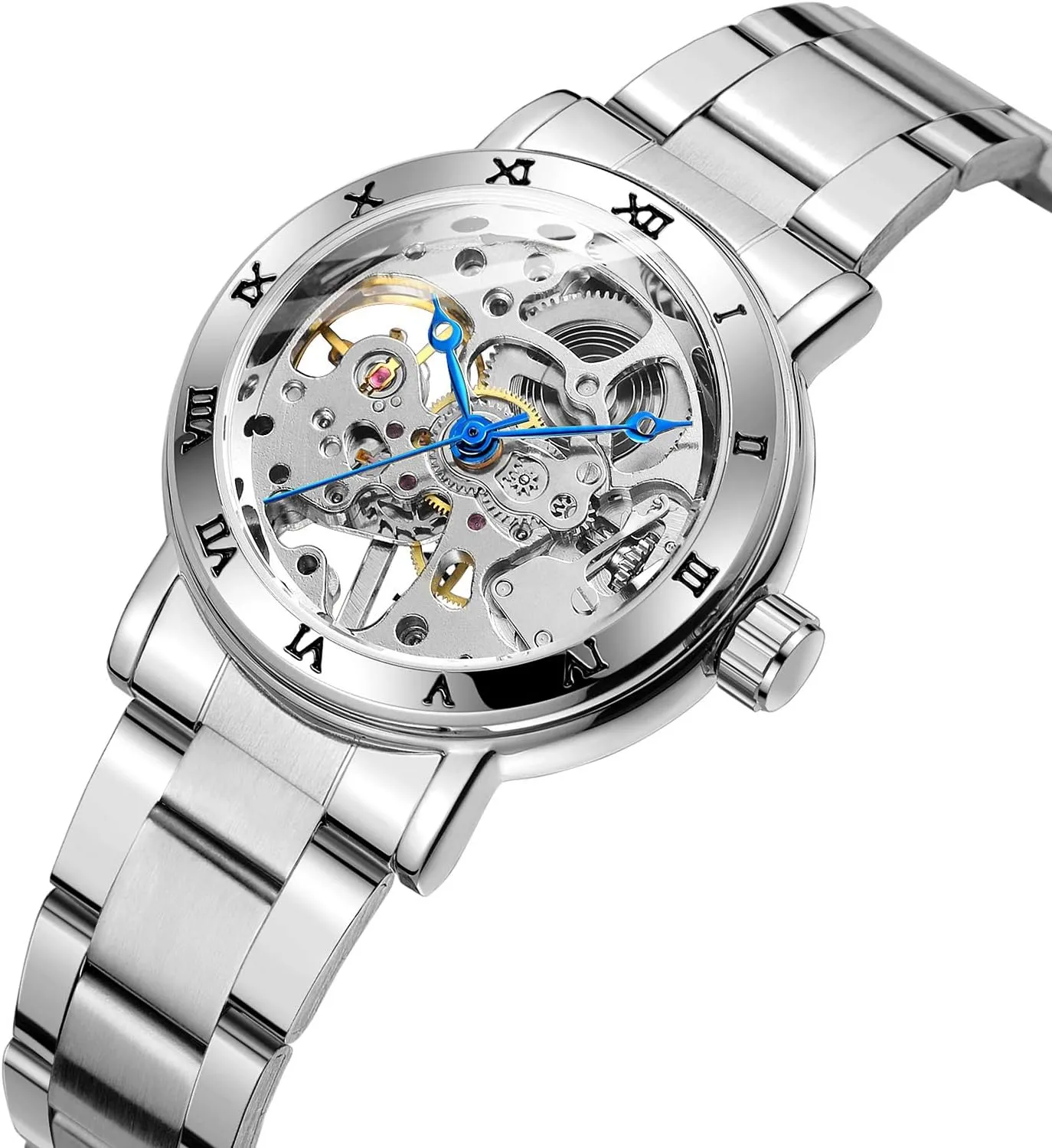 Women's Automatic Skeleton Roman Numeral Lady Mechanical Stainless Steel Wrist Watch