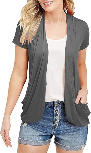Women's Cardigans Short Sleeve Summer Lightweight Sheer Open Front Drape Casual Blouses Tops