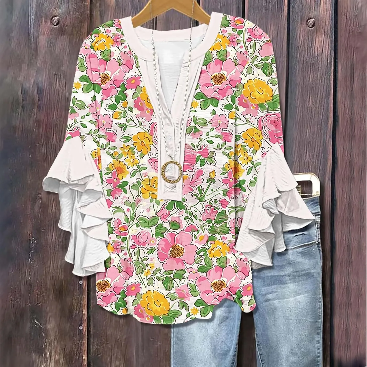 Women's Casual Boho Floral Print Tops Loose V Neck 3/4 Wave Bell Sleeve Flowy Shirts Summer Blouses for Women