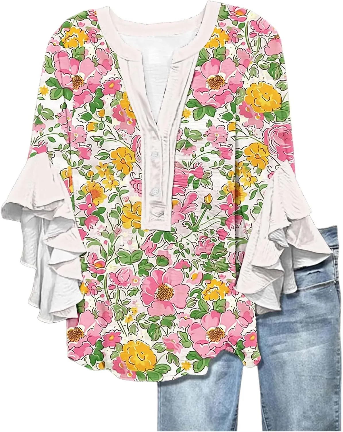 Women's Casual Boho Floral Print Tops Loose V Neck 3/4 Wave Bell Sleeve Flowy Shirts Summer Blouses for Women