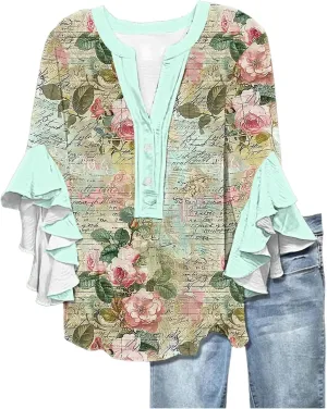 Women's Casual Boho Floral Print Tops Loose V Neck 3/4 Wave Bell Sleeve Flowy Shirts Summer Blouses for Women