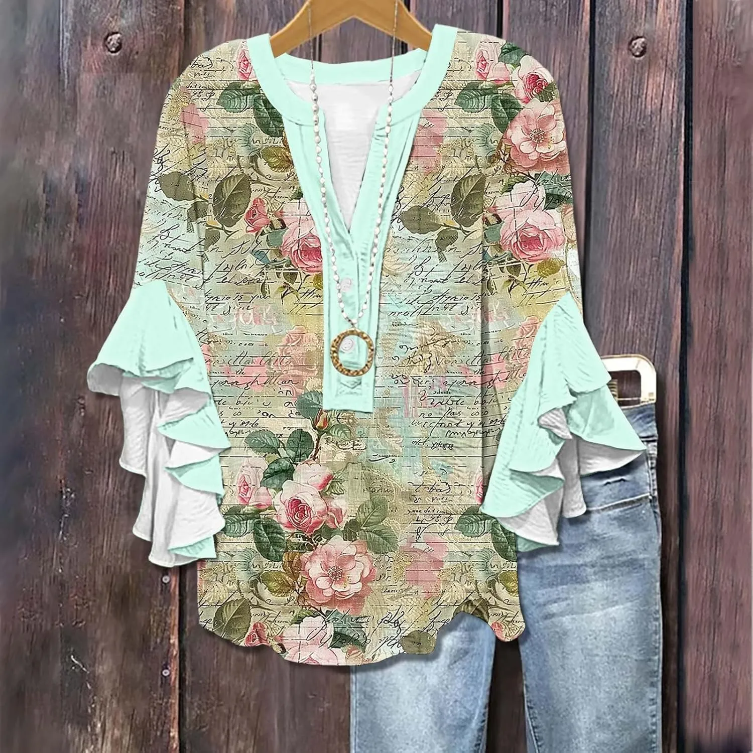 Women's Casual Boho Floral Print Tops Loose V Neck 3/4 Wave Bell Sleeve Flowy Shirts Summer Blouses for Women