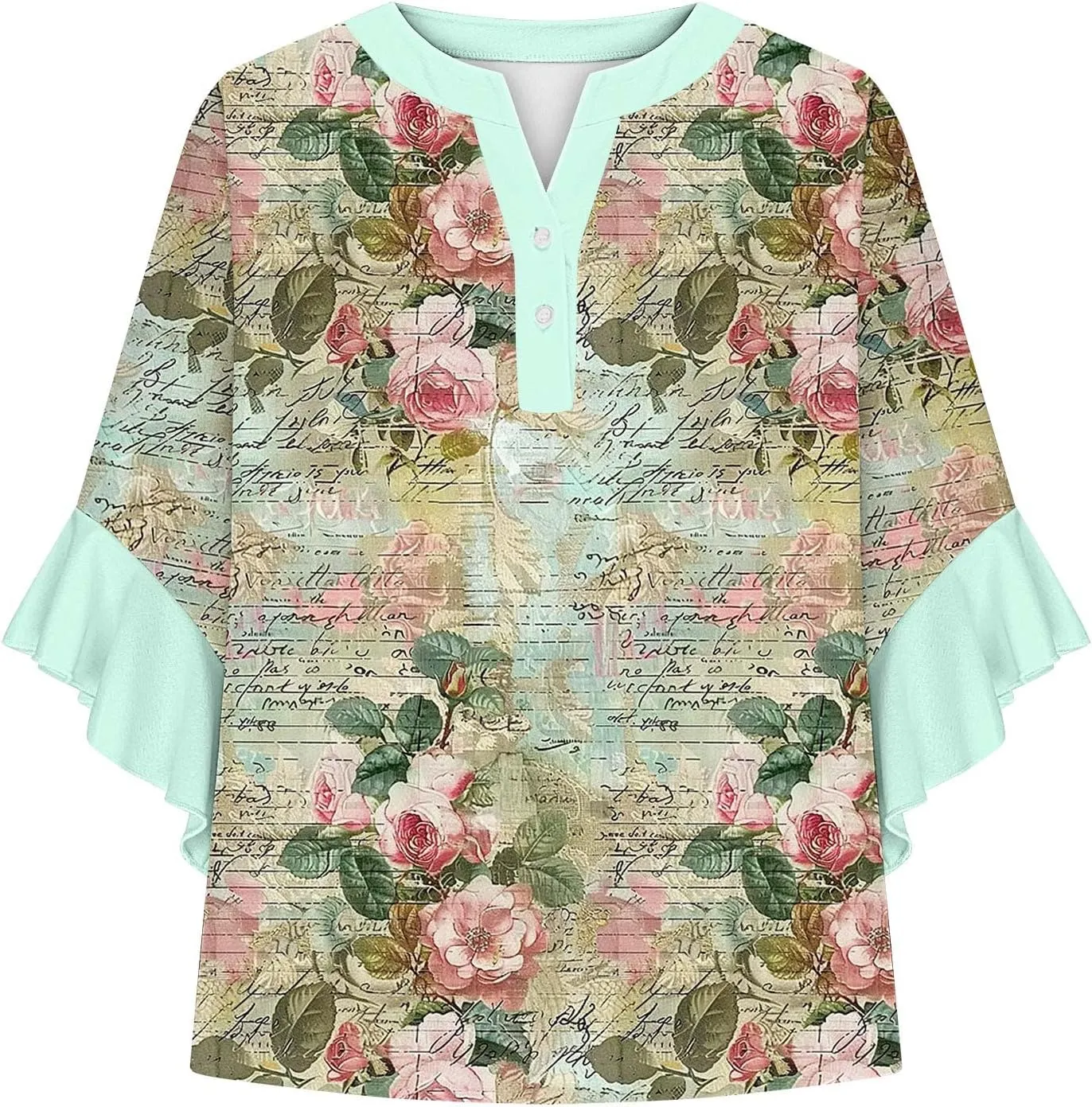 Women's Casual Boho Floral Print Tops Loose V Neck 3/4 Wave Bell Sleeve Flowy Shirts Summer Blouses for Women
