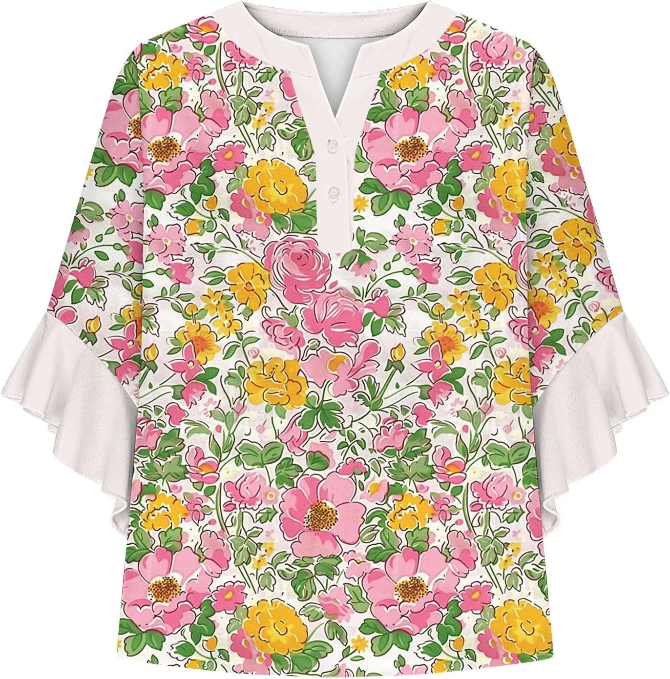 Women's Casual Boho Floral Print Tops Loose V Neck 3/4 Wave Bell Sleeve Flowy Shirts Summer Blouses for Women