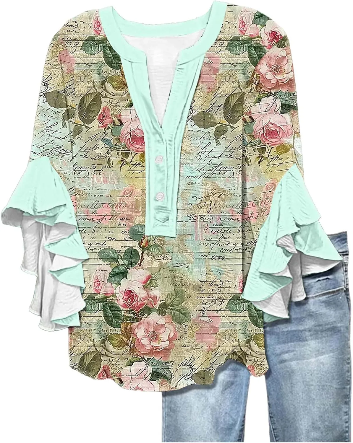 Women's Casual Boho Floral Print Tops Loose V Neck 3/4 Wave Bell Sleeve Flowy Shirts Summer Blouses for Women