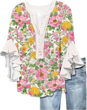 Women's Casual Boho Floral Print Tops Loose V Neck 3/4 Wave Bell Sleeve Flowy Shirts Summer Blouses for Women