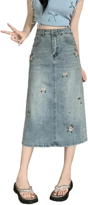 Women's Classic High-Waisted Embroidered Side Slit Slimming Denim Skirt