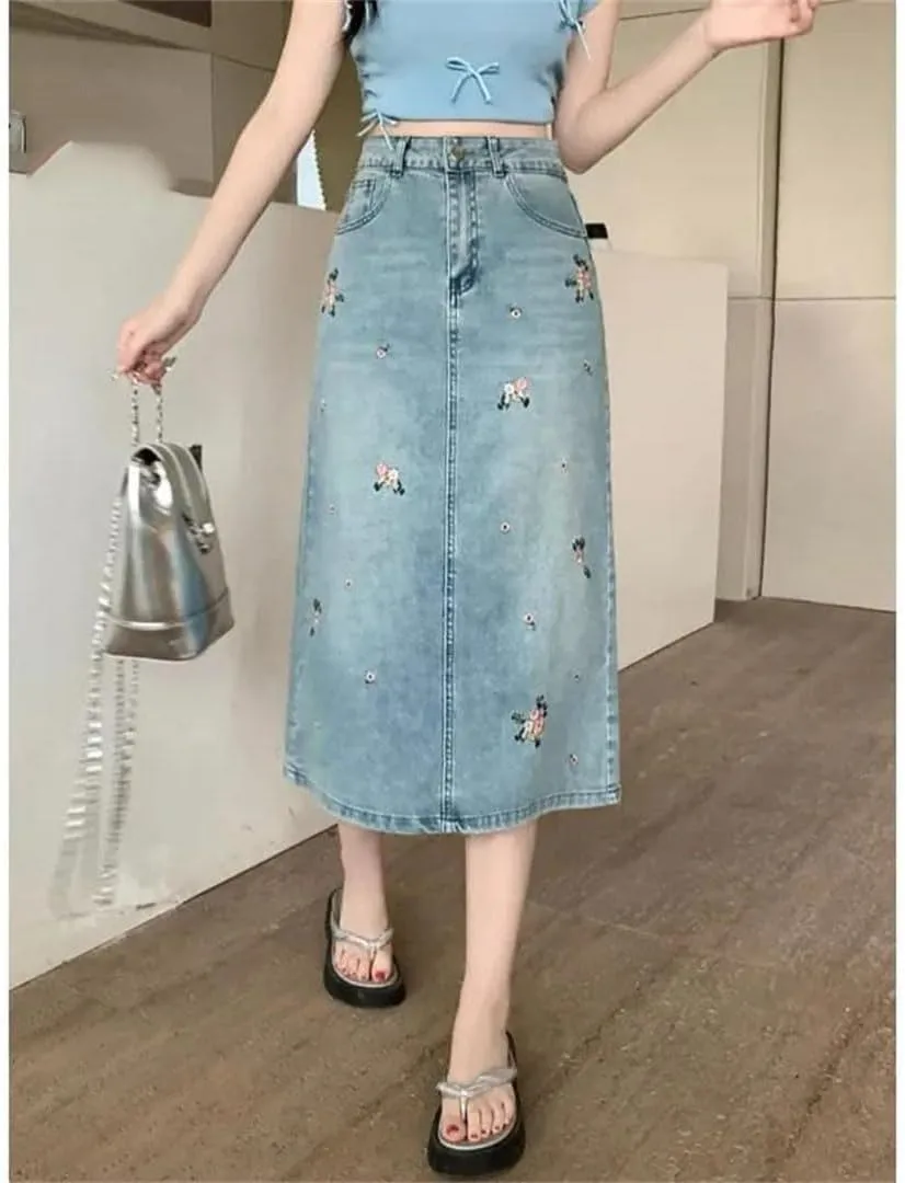 Women's Classic High-Waisted Embroidered Side Slit Slimming Denim Skirt