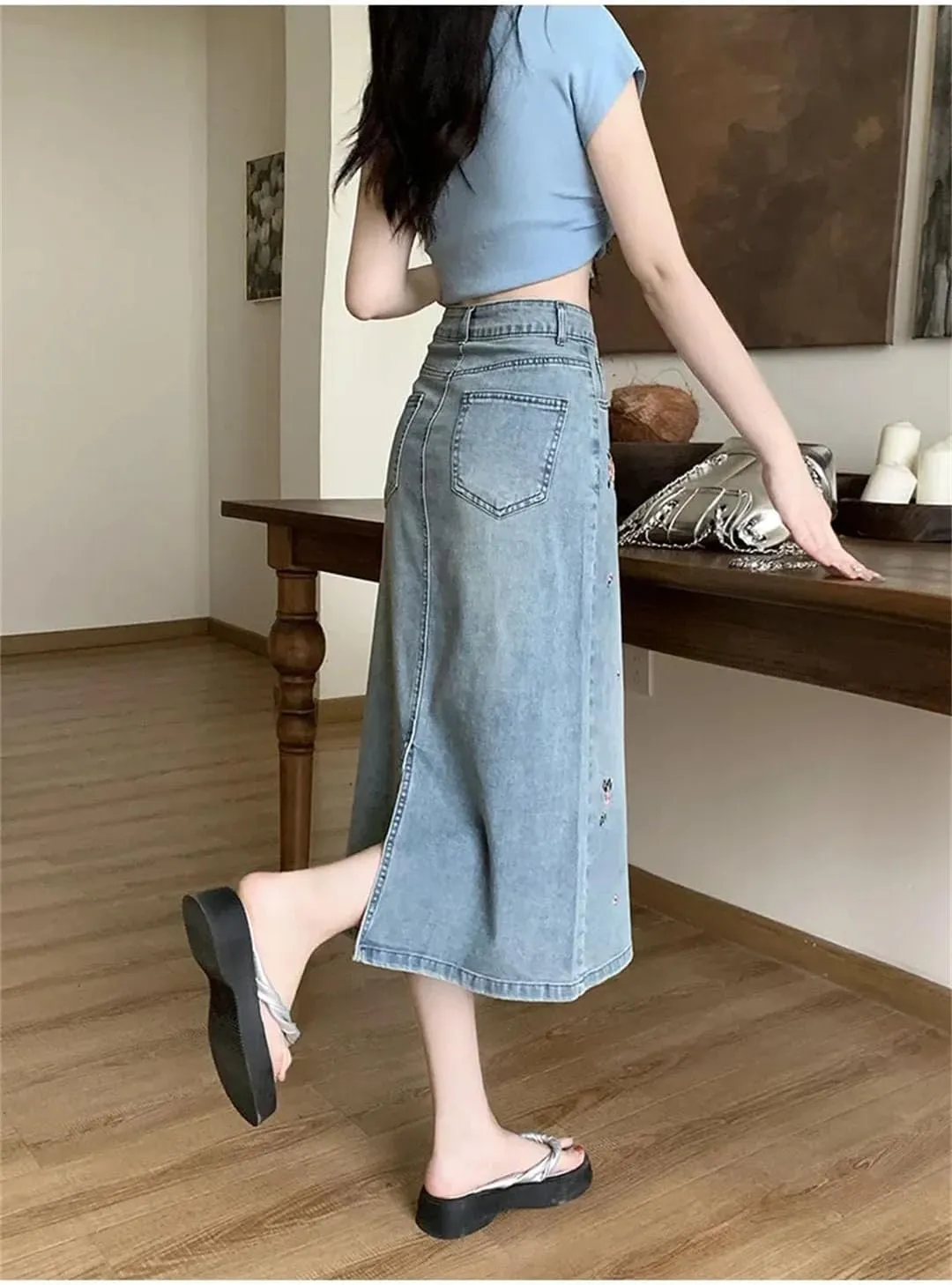 Women's Classic High-Waisted Embroidered Side Slit Slimming Denim Skirt