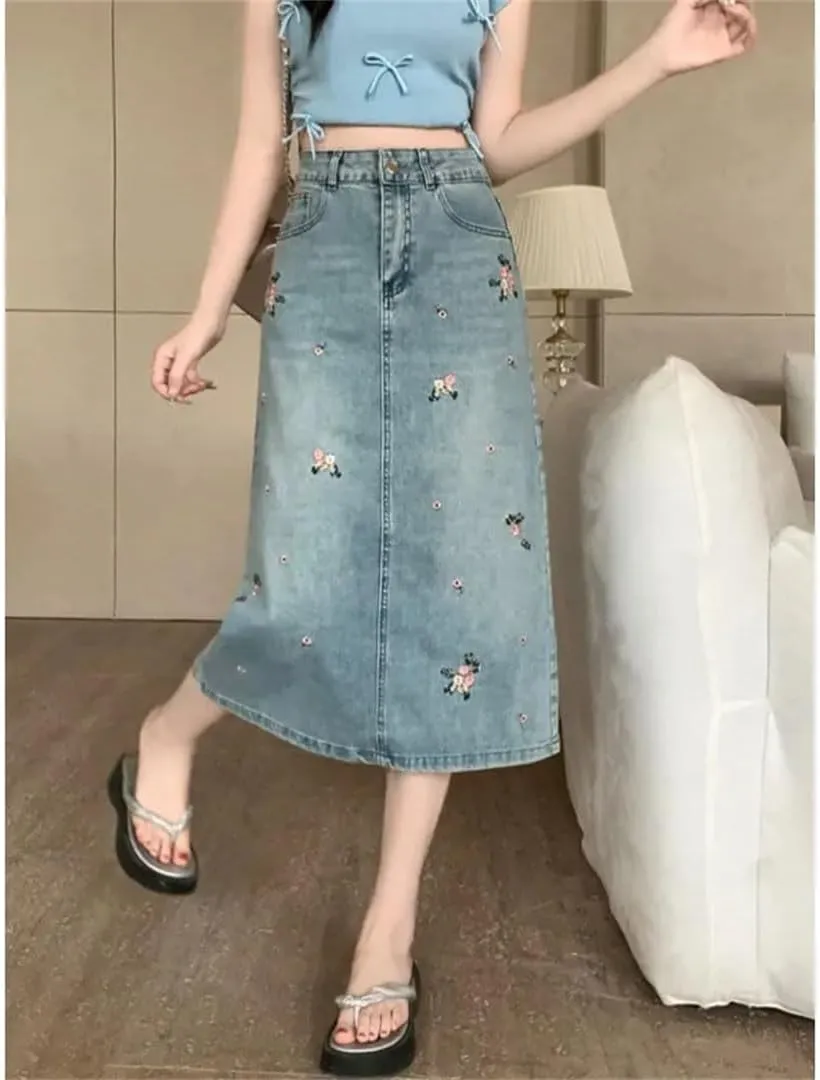 Women's Classic High-Waisted Embroidered Side Slit Slimming Denim Skirt