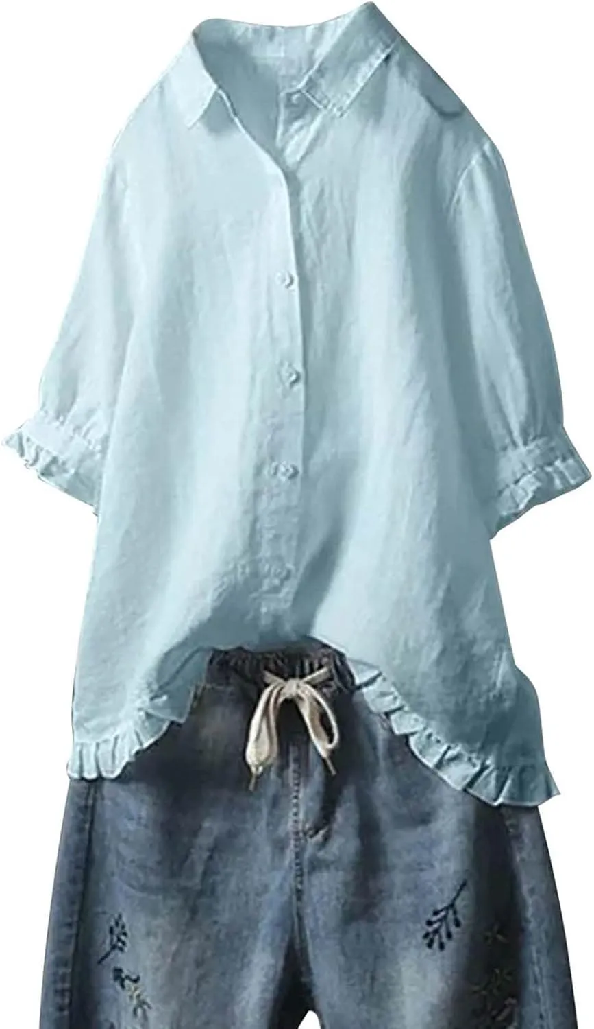 Womens Collared Neck Button Down Cotton Linen Shirts Short Sleeve Casual Blouses Summer Ruffle Trim Fashion Loose Tops