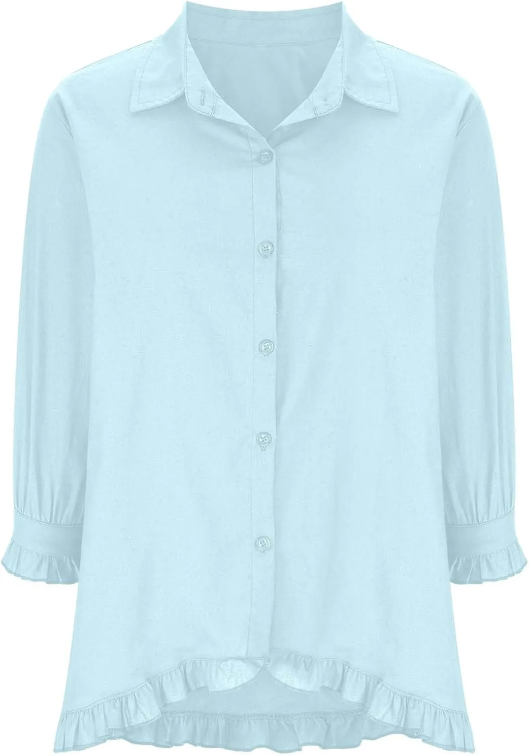 Womens Collared Neck Button Down Cotton Linen Shirts Short Sleeve Casual Blouses Summer Ruffle Trim Fashion Loose Tops