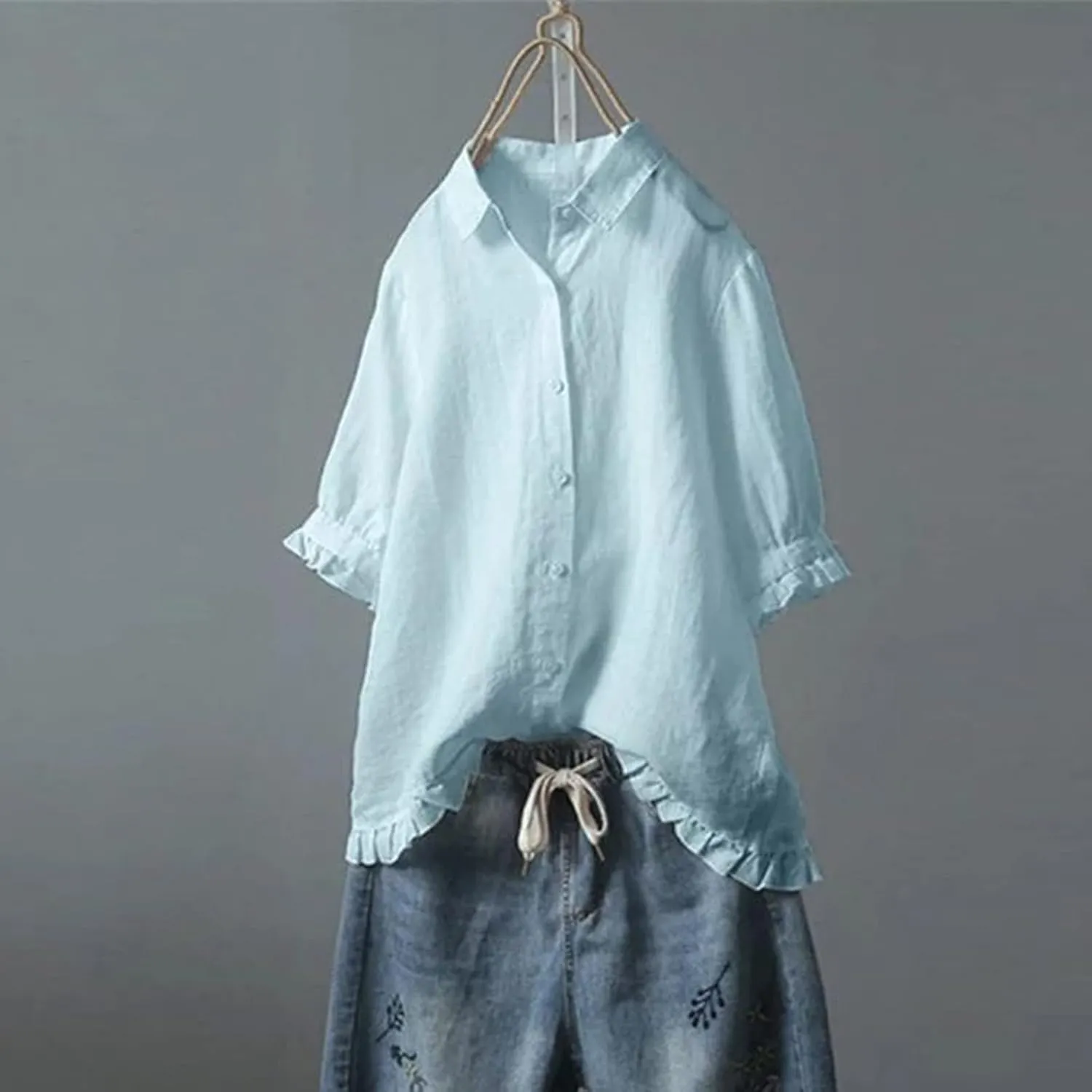 Womens Collared Neck Button Down Cotton Linen Shirts Short Sleeve Casual Blouses Summer Ruffle Trim Fashion Loose Tops