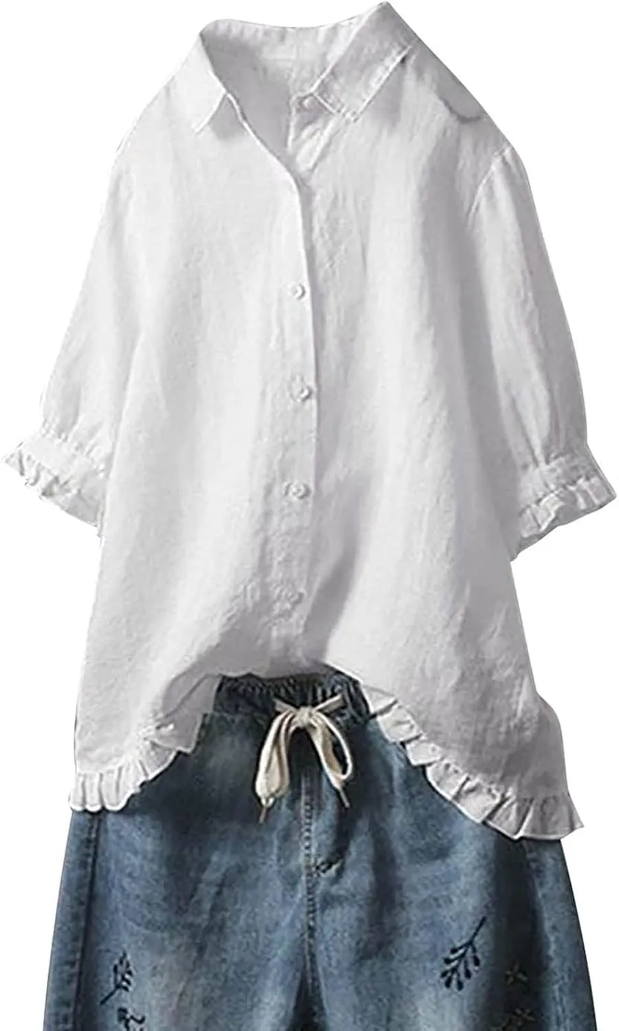 Womens Collared Neck Button Down Cotton Linen Shirts Short Sleeve Casual Blouses Summer Ruffle Trim Fashion Loose Tops