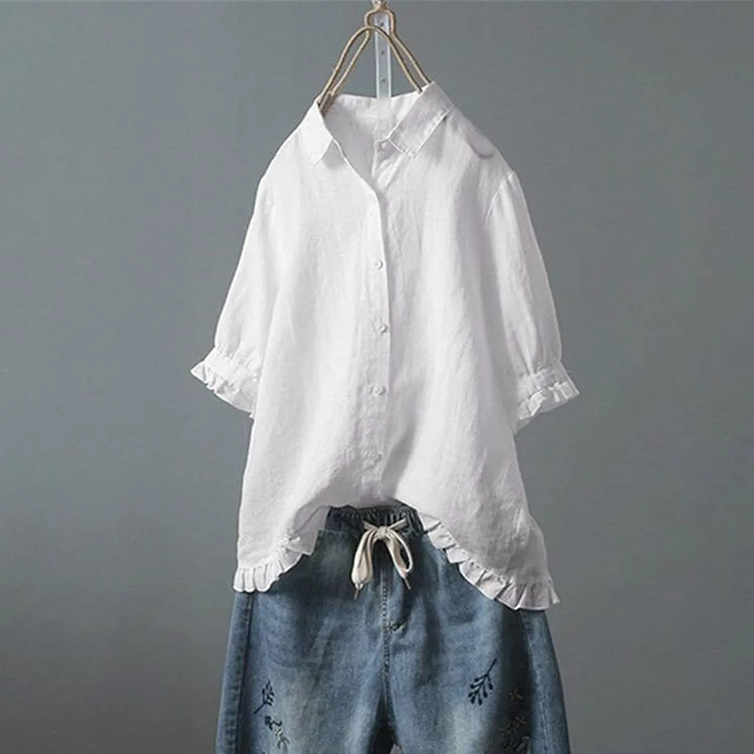 Womens Collared Neck Button Down Cotton Linen Shirts Short Sleeve Casual Blouses Summer Ruffle Trim Fashion Loose Tops