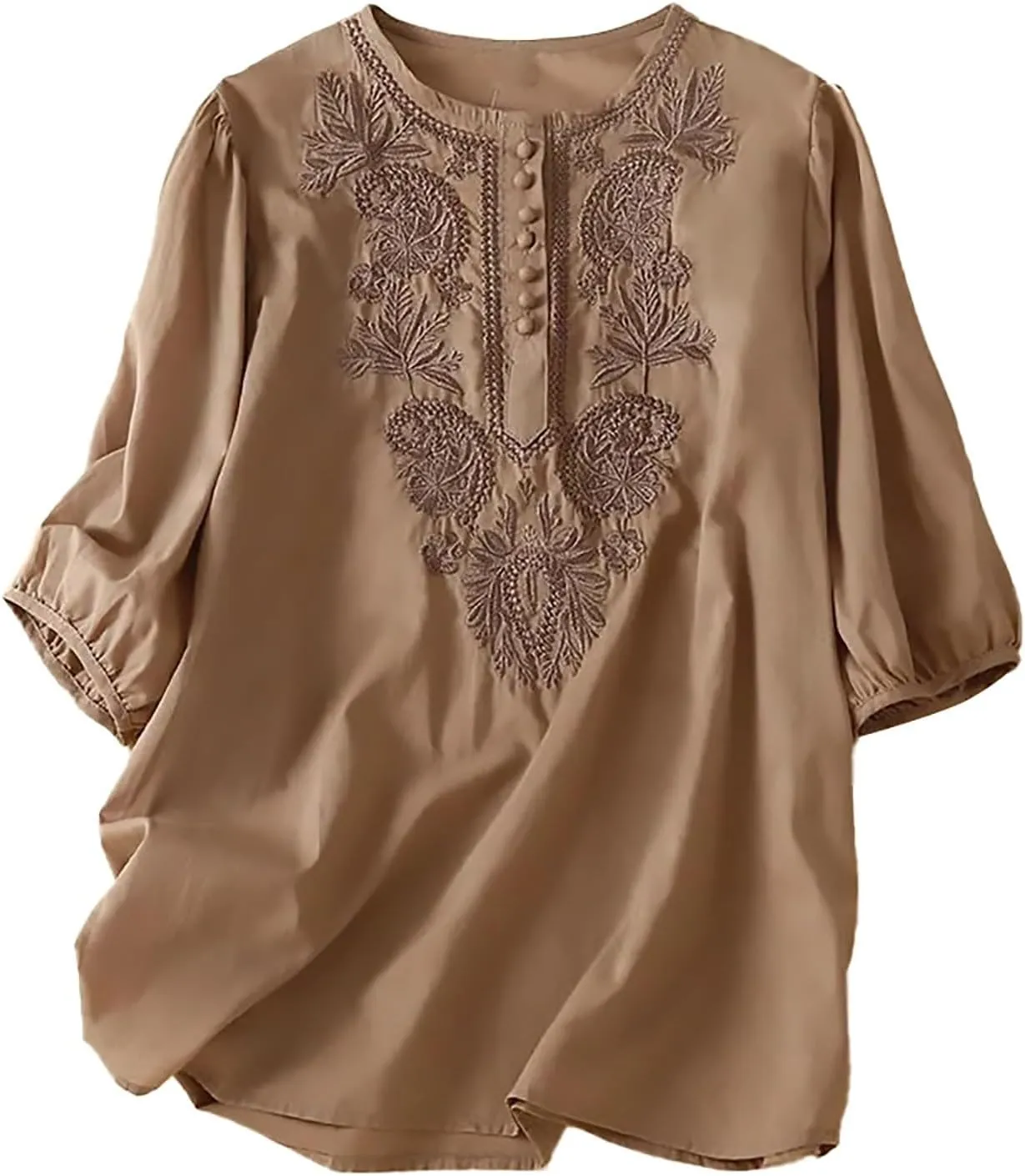 Women's Cotton Linen Button Short Sleeve Shirts Vintage Embroidered Blouses Summer Loose Crew Neck Casual Boho Tops