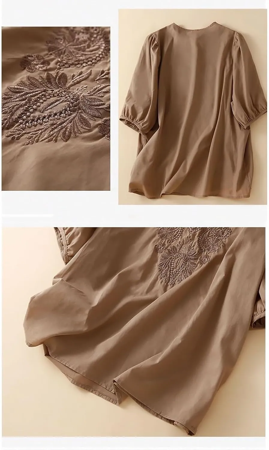 Women's Cotton Linen Button Short Sleeve Shirts Vintage Embroidered Blouses Summer Loose Crew Neck Casual Boho Tops