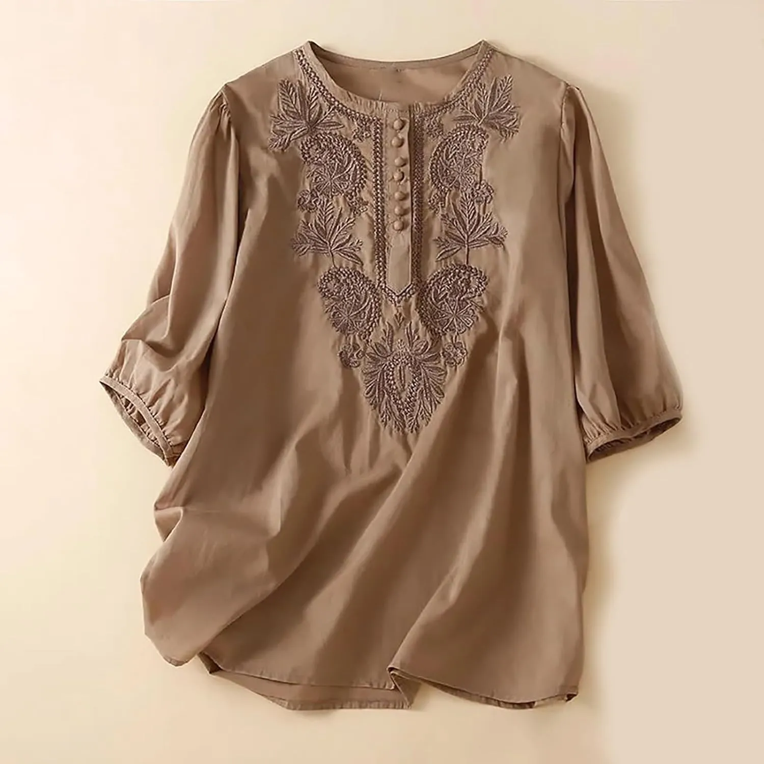 Women's Cotton Linen Button Short Sleeve Shirts Vintage Embroidered Blouses Summer Loose Crew Neck Casual Boho Tops