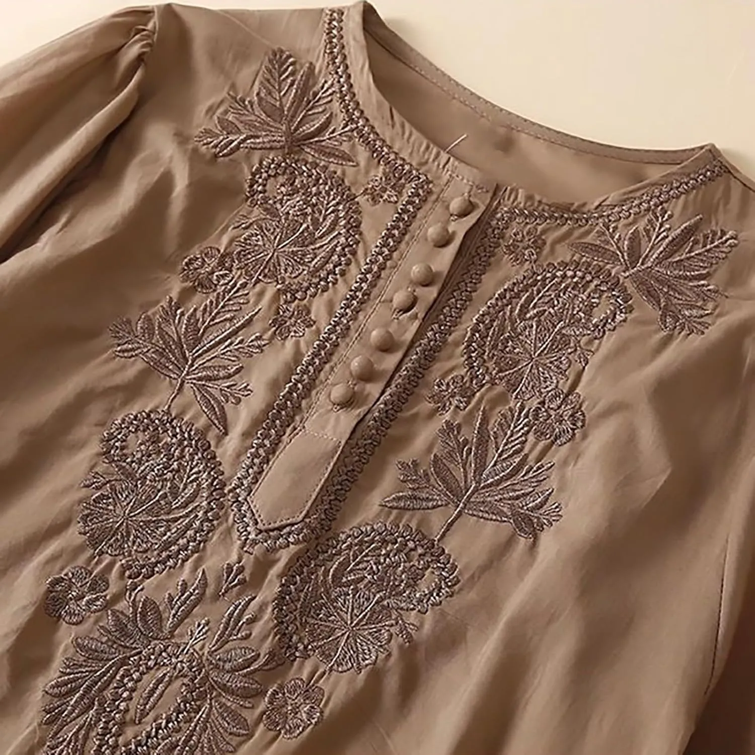 Women's Cotton Linen Button Short Sleeve Shirts Vintage Embroidered Blouses Summer Loose Crew Neck Casual Boho Tops