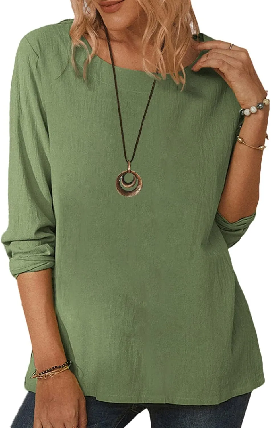Women's Cotton Linen Shirts Long Sleeve Round Neck Blouses Casual Loose Fit Lightweight Solid Color Tunics Tee Tops