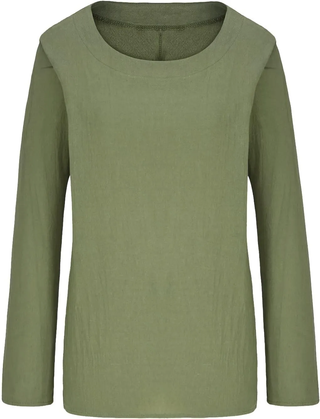 Women's Cotton Linen Shirts Long Sleeve Round Neck Blouses Casual Loose Fit Lightweight Solid Color Tunics Tee Tops