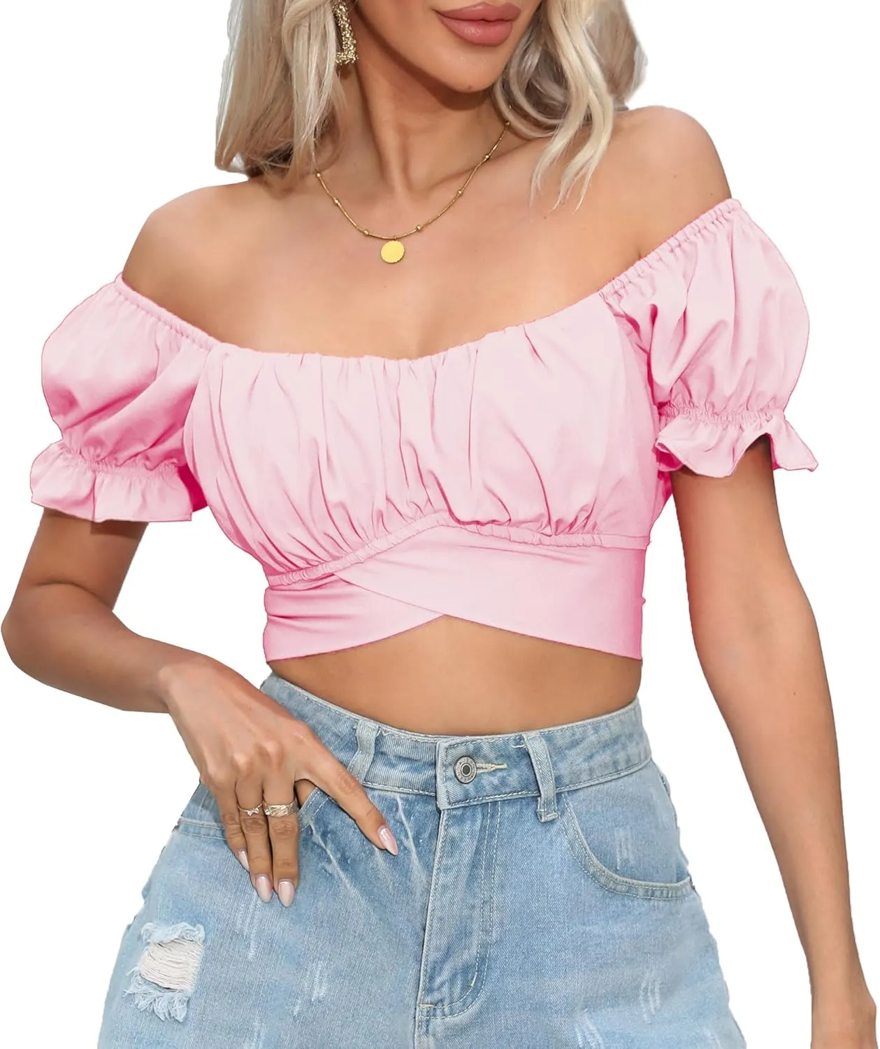 Women's Crop Tops Ruffle Short Sleeve Tie Back Summer Off Shoulder Top Blouse