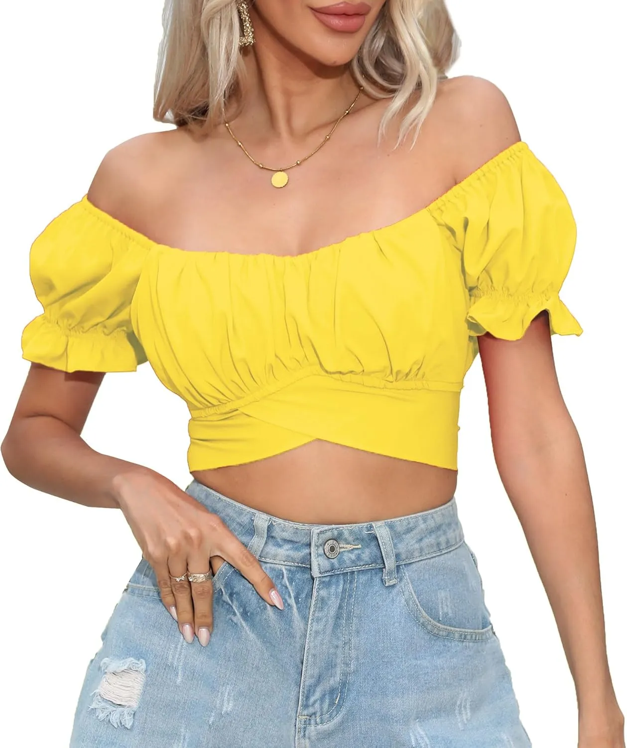 Women's Crop Tops Ruffle Short Sleeve Tie Back Summer Off Shoulder Top Blouse