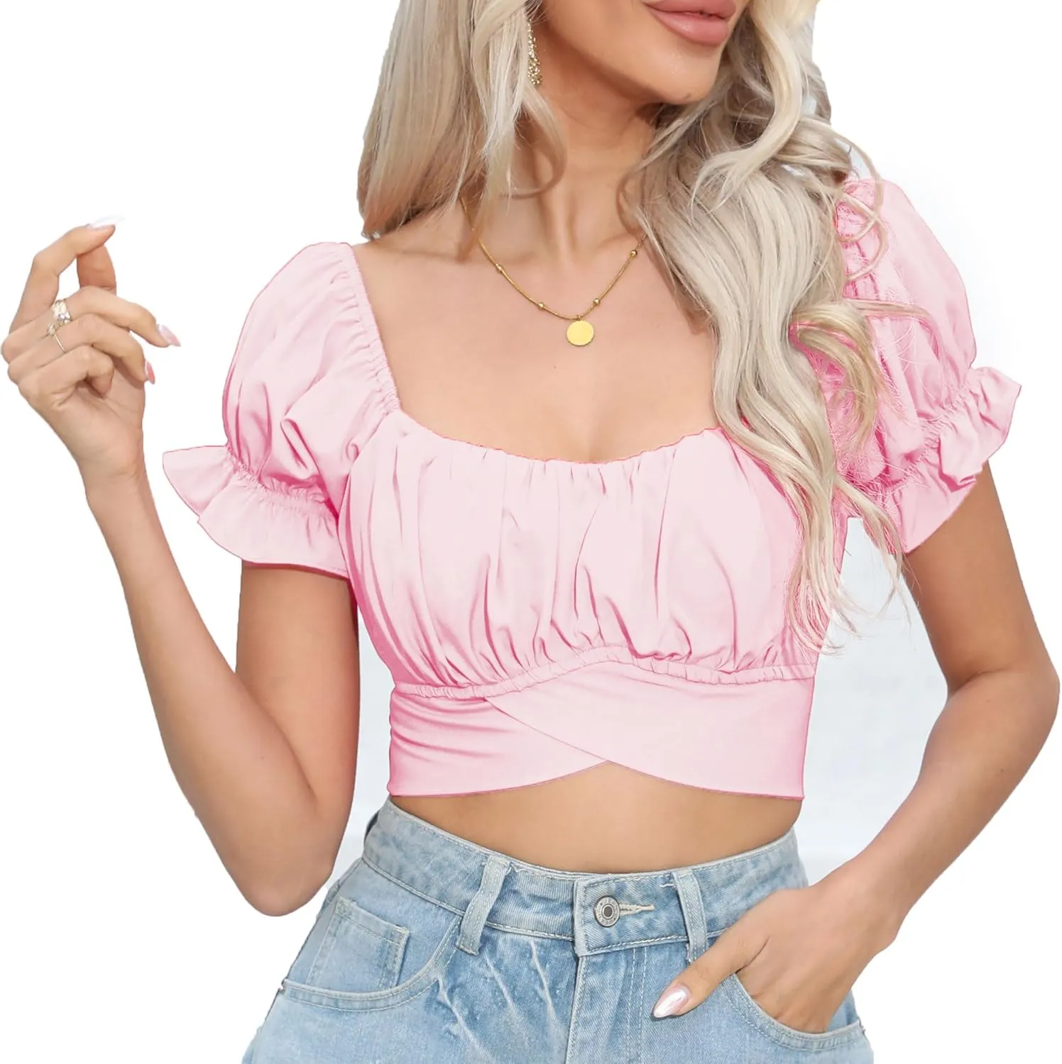 Women's Crop Tops Ruffle Short Sleeve Tie Back Summer Off Shoulder Top Blouse