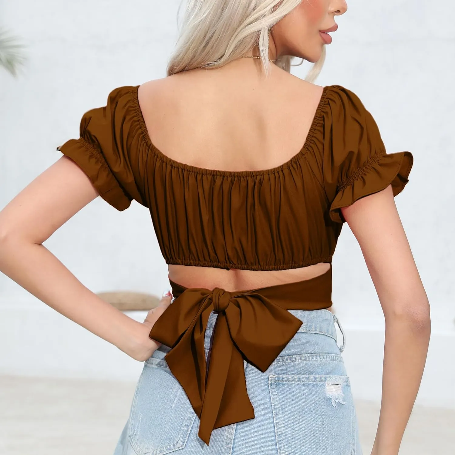 Women's Crop Tops Ruffle Short Sleeve Tie Back Summer Off Shoulder Top Blouse
